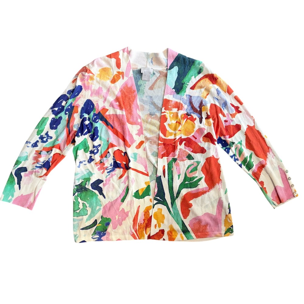Chicos Abstract Floral Open Front Cardigan Multicolor Cotton Blend Size 0 Small